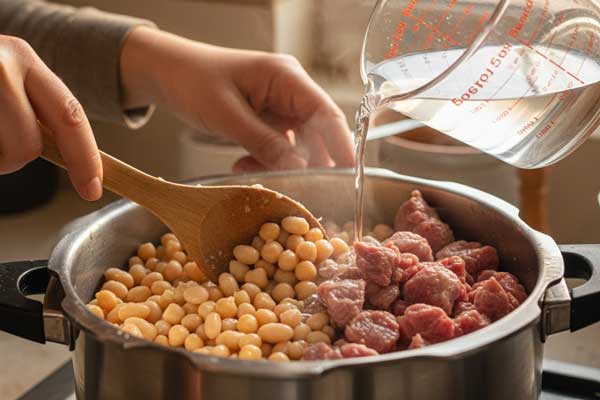 مخلوط کردن حوبات و گوشت پخته با یکدیگر در قابلمه