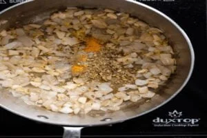 تفت دادن پیاز و سیر با نمک، فلفل، دارچین و زردچوبه