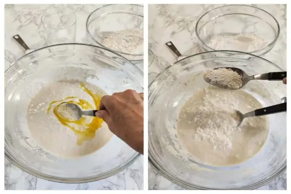 اضافه کردن روغن و نمک به مایه خمیر نان پیتزای ایتالیایی