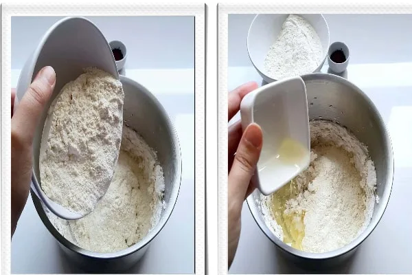 اضافه کردن روغن مایع و آرد به مخلوط پودر قند و روغن جامد در تهیه شیرینی بهشتی