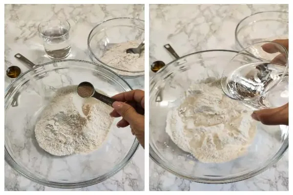 مخلوط کردن آرد و مخمر در طرز تهیه نان پیتزای ایتالیایی