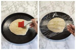پهن کردن خمیر پیتزا ایتالیایی در قالب