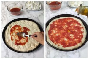 مالیدن سس روی نان پیتزای ایتالیایی