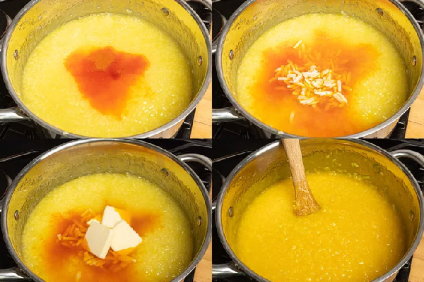 اضافه کردن زعفران و کره برای تهیه شله زرد