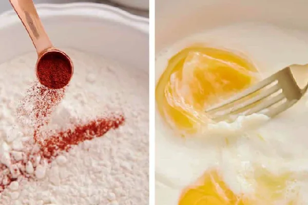 آماده کردن مخلوط تخم مرغ و شیر و مخلوط ادویهها برای مرغ سوخاری
