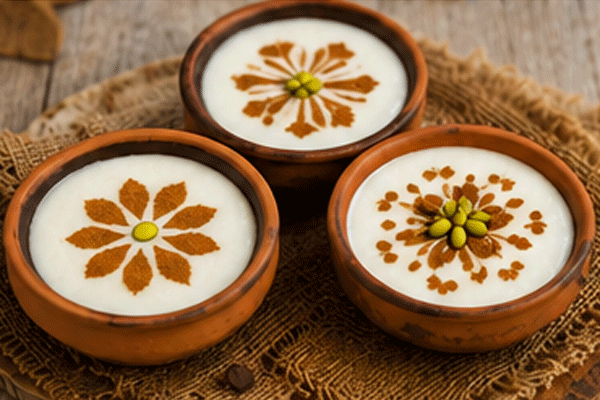 فرنی تزیین شده با شابلون و دارچین برای نذری 
