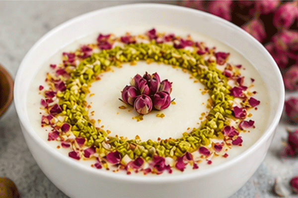 تزئین فرنی با گل محمدی 