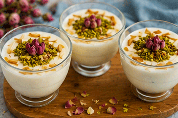 فرنی تزئین شده با گل سرخ در ظرف تک نفره 