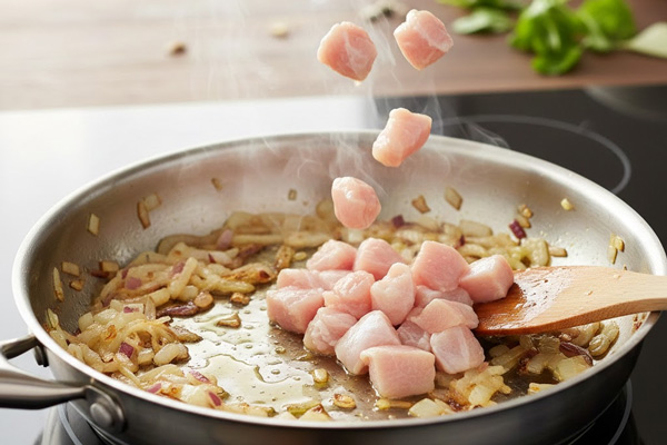 تفت دادن مرغ و پیاز برای تهیه سوپ جو رستورانی