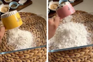 آماده کردن آرد برای تهیه مرغ سوخاری در قابلمه