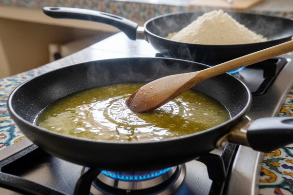 مخلوط کردن آرد و روغن در تهیه حلوای زعفرانی با آرد سفید