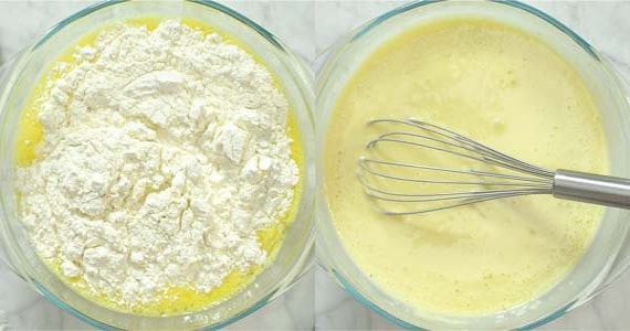 اضافه کردن مخلوط آرد و نشاسته ذرت به مخلوط شیر و تخم‌مرغ برای تهیه مایه شیرینی پنجره ای