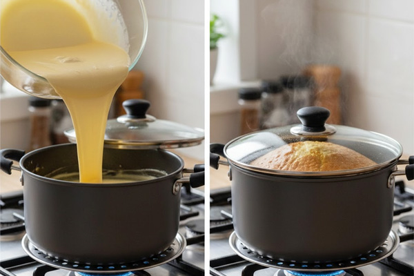 ریختن مایه کیک ساده در قابلمه و پخت آن