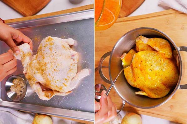 آغشته کردن مرغ به سس برای تهیه مرغ شکم پر مجلسی