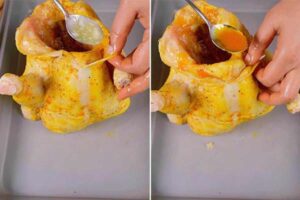 ریختن سیر و پیاز خرد شده داخل مرغ برای تهیه مرغ شکم پر مجلسی