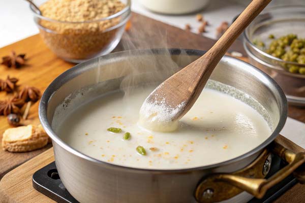 مخلوط کردن شکر، نشاسته ذرت و پودر هل در تهیه یخمک با شیر