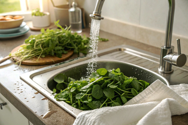 شستن و آماده سازی خرفه در تهیه ترشی خرفه