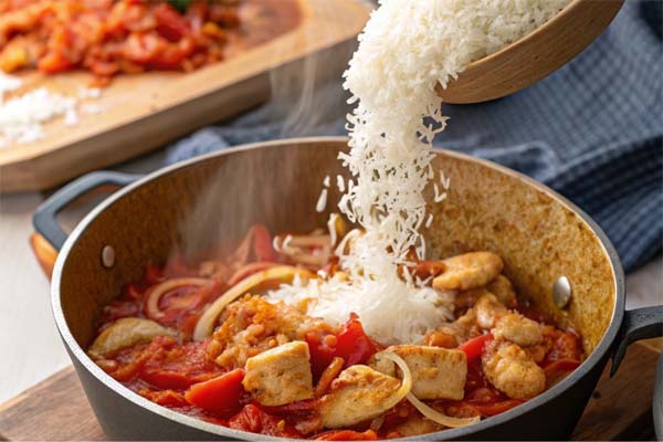 اضافه کردن برنج در تهیه دمی گوجه با مرغ