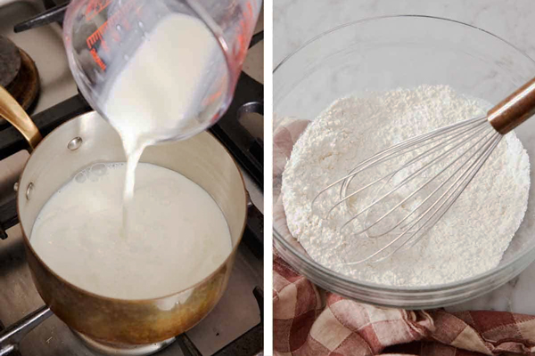 آماده کردن مواد خشک و شیر داغ در تهیه کیک شیر