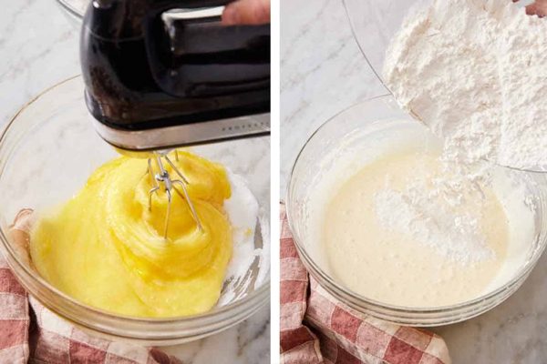 آماده کردن مخلوط تخم مرغ و مایه کیک در تهیه کیک شیر