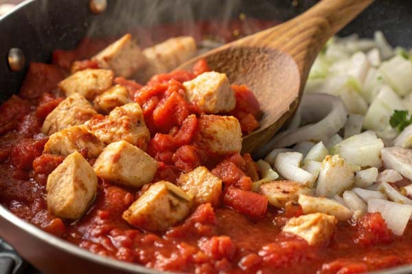 تفت دادن مرغ با پیاز و رب گوجه
