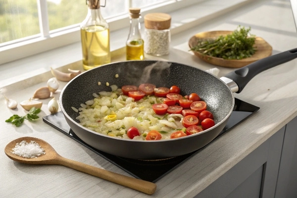 حرارت دادن به پیاز و گوجه فرنگی گیلاسی در تهیه پاستا با پنیر موزارلا