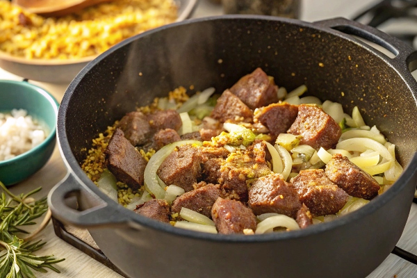 سرخ کردن پیاز و گوشت عربی پلو