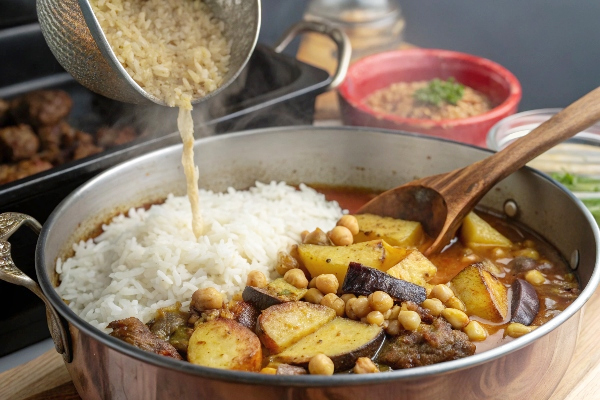اضافه کردن برنج و آب گوشت در تهیه پلو عربی