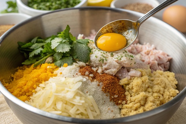 مخلوط مواد و ادویه‌ها برای تهیه کتلت مرغ