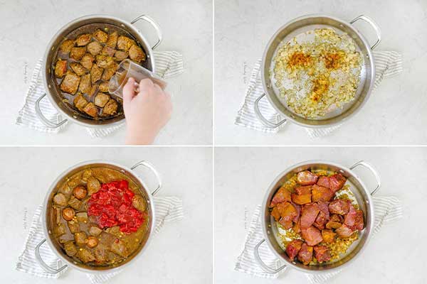 سرخ کردن پیاز و گوشت برای درست کردن خورش غوره بادمجان