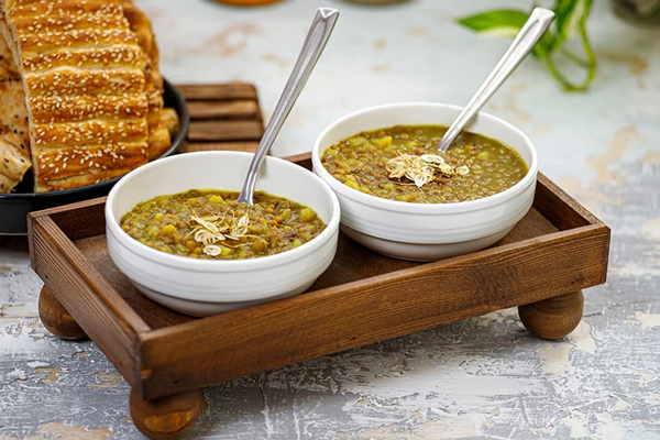 سرو دو کاسه عدسی با سیب زمینی بهمراه نان بربری