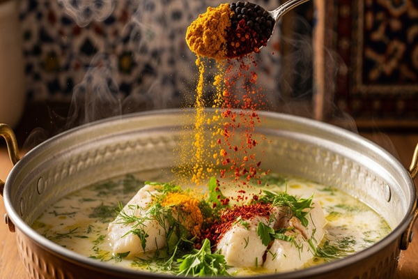 افزودن ادویه در طرز تهیه آبگوشت ماهی (لنجو)