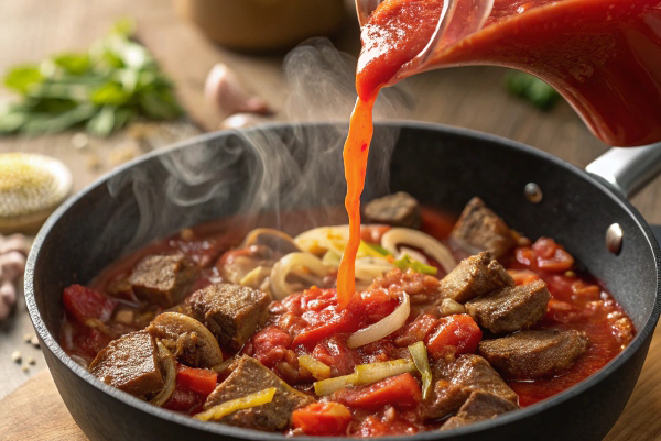 اضافه کردن پوره گوجه فرنگی به مخلوط پیاز و گوشت تکه‌ای تفت داده شده در قابلمه