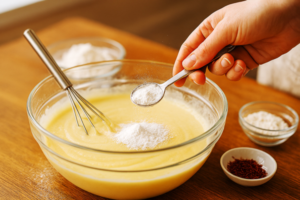 اضافه کردن بیکینگپودر و جوش شیرین به مایه کیک زعفرانی با ماست