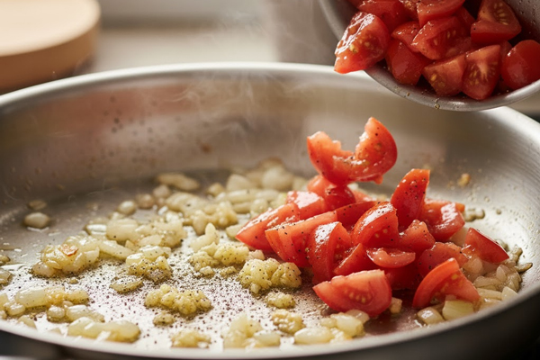 اضافه کردن گوجه فرنگی خرد شده و ادویه‌ها