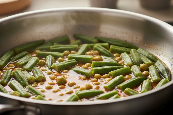 اضافه کردن نخود سبز پخته و بامیه به خورشت رژیمی