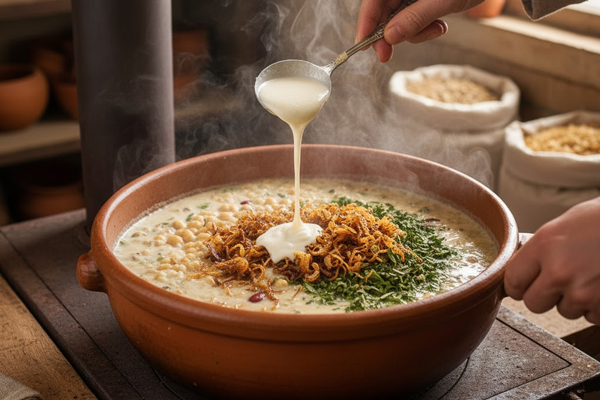 اضافه کردن پیاز داغ، سیر داغ و مقداری کشک به مواد داخل قابلمه آش ترخینه کرمانشاه