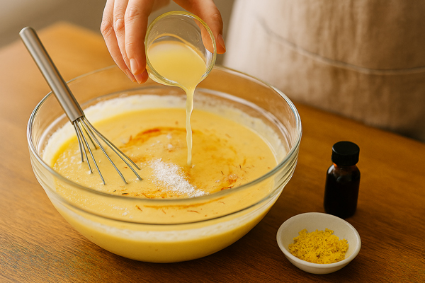 اضافه کردن آب لیمو ترش، پوست لیموترش، روغن مایع، وانیل به مایه کیک زعفرانی با ماست