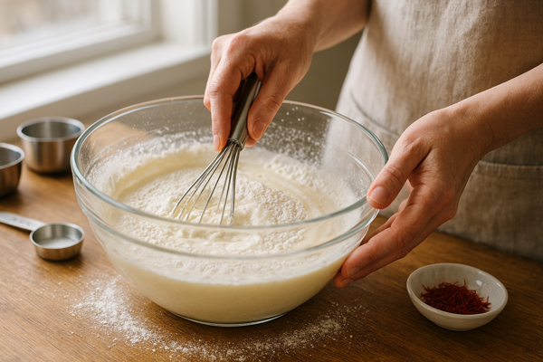 اضافه کردن شکر، آب گرم و ماست پر چرب کاله به آرد الکشده در تهیه کیک زعفرانی با ماست