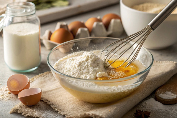 ترکیب مخلوط آرد با مخلوط تخم مرغ و شیر برای تهیه پنکیک نوتلا