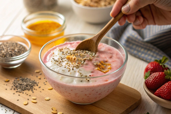 مخلوط کردن مواد اولیه اوتمیل با ماست میوه‌ای