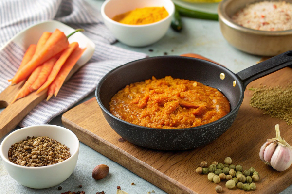 ترکیب و تفت دادن ادویه‌های ترشی انبه در روغن زیتون