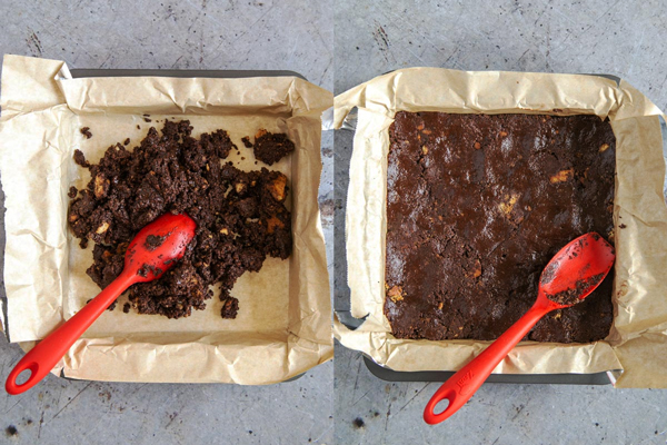 ریختن مخلوط بیسکویت کیک یخچالی در قالب