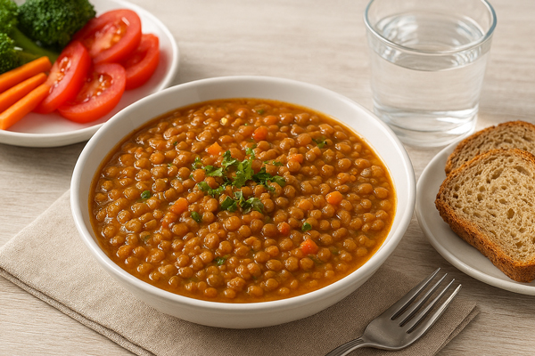 عدسی برای دیابتیها در کنار نان و گوجه و کلم بروکلی