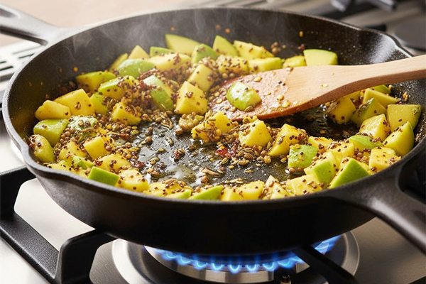 تفت دادن تکه‌های انبه به همراه روغن زیتون و ادویه‌ها در تهیه ترشی انبه چابهاری