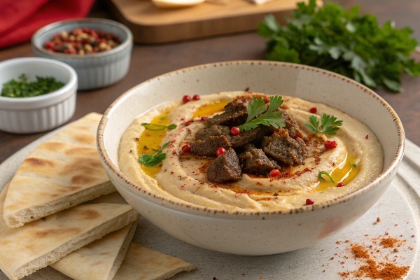 سرو حمص با گوشت در کنار نان پیتا