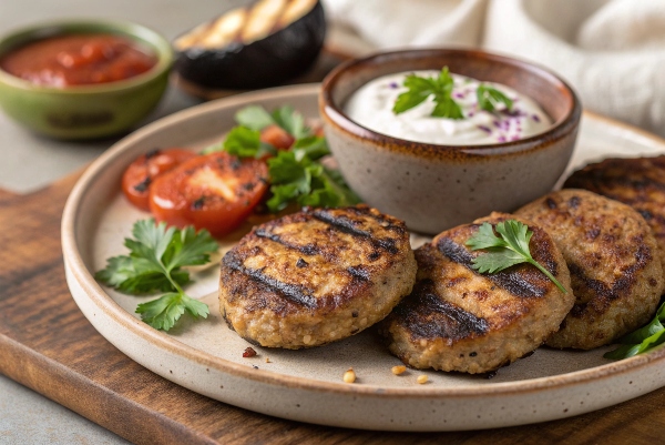 کتلت بادمجان کبابی در کنار ماست و دورچین 