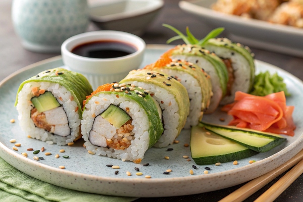 سرو سوشی با خیار در کنار سس مخصوص