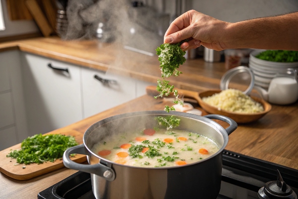 افزودن سیر و گشنیز برای تهیه سوپ ماست و گشنیز