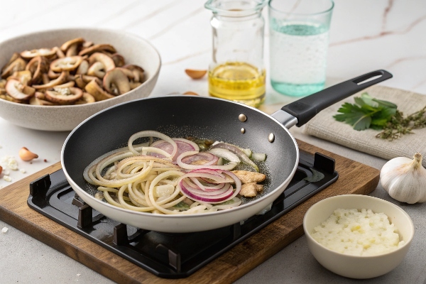 سرخ کردن پیاز و آماده‌سازی قارچ